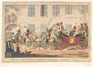 Spotprent af prinsesse Caroline, 1817 Et R-Y-L besøg i en udenlandsk hovedstad eller, ambassadøren ikke hjemme-!! (titel på objekt) af George Cruikshank