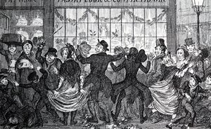 Gadepindsvin forårsager kaos i menneskemængden uden for en konditor- og konditorbutik på 12. nat af George Cruikshank