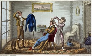 Skrædder og frisør i hjemmet - i "" Life in Paris"" af David Carey, ill. af George Cruikshank, red. Fairburn, London af George Cruikshank