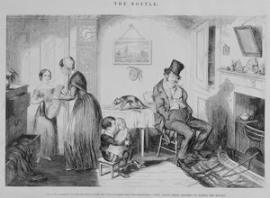 Flasken, Plade II, Han bliver afskediget fra sit arbejde for fuldskab: de pantsætter deres tøj for at forsyne flasken, 1847 af George Cruikshank