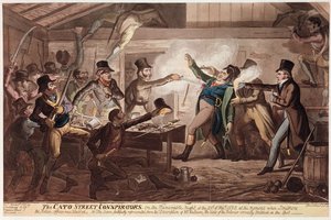 The Cato Street Conspirators, pub. af G. Humphrey, 9. marts 1820 (farvet litho) af George Cruikshank