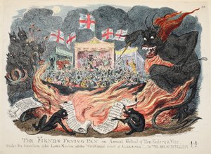 The Fiends Frying Pan eller Annual Festival of Tom Foolery & Vice, pub. 1832 (håndfarvet gravering) af George Cruikshank