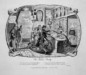 The Gin Shop, fra "Scraps and Sketches", del II, plade 3 af George Cruikshank