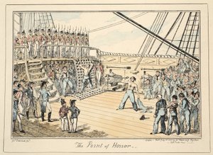 The Point of Honor, fra Greenwich Hospital, en serie af flådeskitser, der beskriver livet af en krigsmandsmand, pub. 1825 (håndfarvet gravering) af George Cruikshank