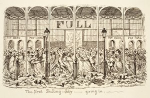 Den første Shilling-dag - Går ind, pub. 1851 (gravering) af George Cruikshank