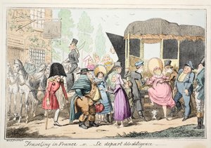 Rejser i Frankrig eller Le Depart de la Diligence, pub. 1835 (håndfarvet radering) af George Cruikshank