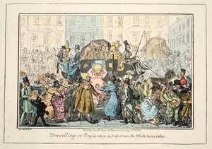 På rejse i England - eller et kig fra White Horse Cellar, pub. 1835 (håndfarvet gravering) af George Cruikshank