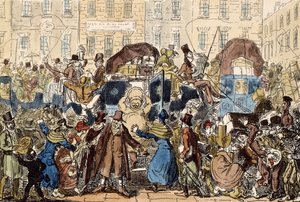 At rejse i England, eller et kig fra den hvide hestekælder, 1819 (håndfarvet radering) af George Cruikshank