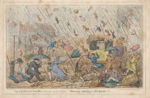Meget ubehageligt vejr, eller det gamle ordsprog bekræftet "regnende katte, hunde og højgafler."!!! af George Cruikshank