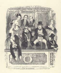 Victorianske teatergængere stimler sammen i en boks på et London-teater (gravering) af George Cruikshank