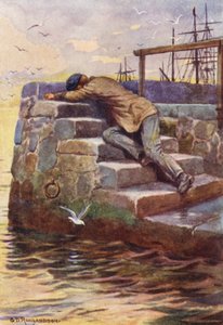 Anstrengelserne opbrugte hans kræfter (farvelitografi)