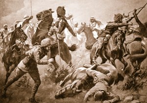 Risaldar Santa Singh, Dafadar Bisham Singh og Sowar Buda Singh bryder igennem arabernes rækker til hjælp fra kaptajn Willoughby af George Derville Rowlandson