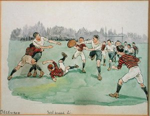December måned: Rugby (pen & blæk og akvarel på papir)