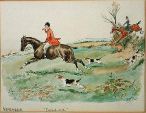 November måned: Jagt (pen & blæk og akvarel på papir)