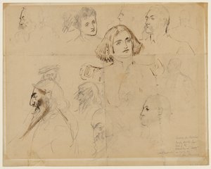 Groft skitse for nogle af karaktererne i Trilby, inklusive Trilby og Svengali (blyant, pen og blæk på papir) af George du Maurier