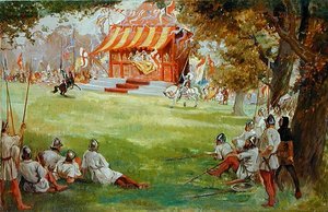 A Jousting Tournament, fra Sir Nigel and the White Company af Sir Arthur Conan Doyles (1859-1930) (olie på lærred lagt om bord) (se også 140868) af George Edmund Butler