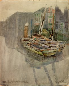 Ålebåde i en kanal i Dordrecht, Holland (kul og akvarel på papir klistret på kort)