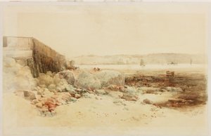 Havnescene (blyant og akvarel på papir klistret på kort) af George Edward Horton