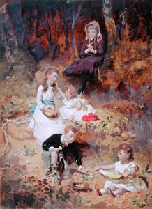 Fem børn leger i skoven (olie på kort) af George Elgar Hicks