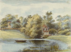 Chinese Temple and Temple of Eolus, Kew Gardens, plade 16 fra Kew Gardens: A Series of Twenty-Four Drawings on Stone, graveret af Charles Hullmandel (1789-1850) udgivet 1820 (håndkoloreret litho)