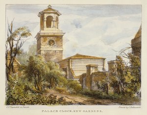 Palace Clock, Kew Gardens, plade 7 fra Kew Gardens: A Series of Twenty-Four Drawings on Stone, indgraveret af Charles Hullmandel (1789-1850) udgivet 1820 (håndkoloreret litho)