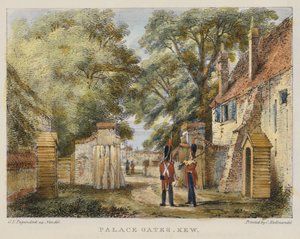 Palace Gates, Kew, plade 3 fra Kew Gardens: A Series of Twenty-Four Drawings on Stone, graveret af Charles Hullmandel (1789-1850) udgivet 1820 (håndkoloreret litho)