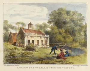 Remains of Kew Palace from the Gardens, plade 6 fra Kew Gardens: A Series of Twenty-Four Drawings on Stone, graveret af Charles Hullmandel (1789-1850) udgivet 1820 (håndkoloreret litho)