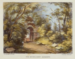 The Ruins, Kew Gardens, plade 15 fra Kew Gardens: A Series of Twenty-Four Drawings on Stone, graveret af Charles Hullmandel (1789-1850) udgivet 1820 (håndkoloreret litho)