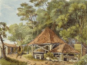 Water Works, Kew Gardens, plade 22 fra Kew Gardens: A Series of Twenty-Four Drawings on Stone, graveret af Charles Hullmandel (1789-1850) udgivet 1820 (håndkoloreret litho)