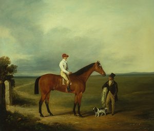 En væddeløbshest med jockey, træner og spaniel (olie på lærred) af George Fenn
