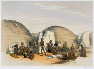 Zulu-kraal ved Umlazi med hytter og skærme, 1849