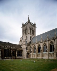 Gotisk kunst: udsigt over Saint John College grundlagt i 1511 af grevinden af Richmond. Kapellet blev bygget i 1864 på et projekt af Sir George Gilbert Scoot. University of Cambridge, England