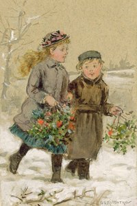 Børn leger i sneen - Samler kristtorn (wc forhøjet med hvidt på papir) (se 224240 for par) af George Goodwin Kilburne