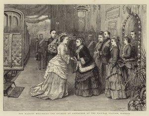 Hendes Majestæt byder hertuginden af Edinburgh velkommen på jernbanestationen i Windsor af George Goodwin Kilburne