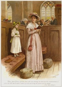 Mary Anne Evans, fem år gammel, føler med større intensitet, at hun er sprunget ind i det offentlige livs bevidsthed, når hun bliver tvunget til at stå på sædet under salmerne og salmesangen. af George Goodwin Kilburne