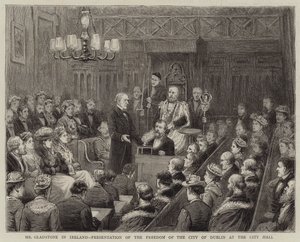 Gladstone i Irland, overrækkelse af byens frihed i Dublin på rådhuset af George Goodwin Kilburne