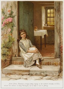 Sarah Shilton, Caterinas prototype, der sidder og synger på sin mors dørtrin i Coton, tiltrækker sig Lady Newdegates opmærksomhed og bliver taget til Arbury for at bo der. af George Goodwin Kilburne