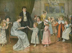 Tolvte-nat: Børnefesten. Lodtrækning om tolvte-nat-karakterer af George Goodwin Kilburne
