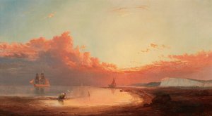 Forsendelse ud for den engelske kyst, solnedgang (olie på lærred) af George Gregory