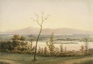 Early Twilight, Kaatskill Catskill Landing og Mountains fra East Bank of the Hudson, New York, 1840 (akvarel, grafit, selektiv glasering, gouache og strejf af ridser ud på papir for