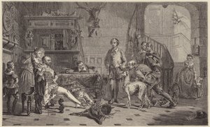 Shakespeare stillet for Sir Thomas Lucy for krybskytteri på hjorte. (gravering)