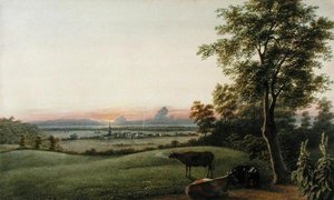 Sunrise - Flatbush and the Ocean fra Greenwood Cemetery, Long Island, New York, ca. 1830-40 (akvarel, gouache og grafit på papir)