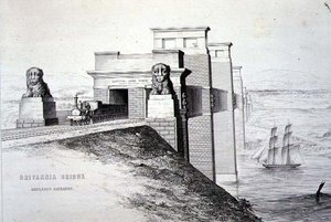 Britannia Bridge, Anglesey Entrance, indgraveret af kunstneren, pub. 1849 (litho) (for farve se 122445)
