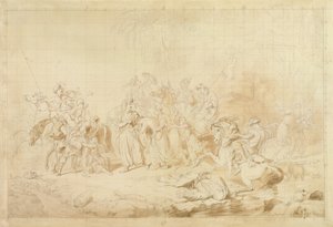 Banditti fra Kurdistan hjælper georgiere med at overraske og bortføre cirkassiske kvinder ca. 1827-28 (pen og brunt blæk på vævet papir) af George Hayter