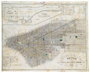 Kort over byen New York, 1850 (sort blæk, med farvevask, på papir)
