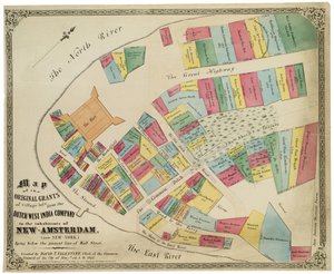 Kort over de oprindelige tildelinger af landsbygrunde fra det hollandske vestindiske kompagni til indbyggerne i New-Amsterdam (nu New-York), der ligger under den nuværende linje på Wall Street, 1857 (sort blæk, med farve