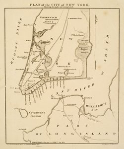 Plan over byen New York med angivelse af de lavede [sic] og sumpområder, 1856 (sort blæk på papir)