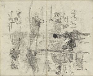 Figurer, muligvis på et marked eller i en virksomhed af George Hendrik Breitner