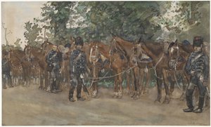 Husarer står ved siden af ​​deres heste ved siden af ​​vejen af George Hendrik Breitner