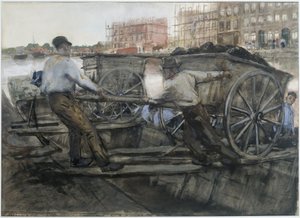 Arbejdere trækker en tungt læssende vogn på Jacob van Lennepkade, Amsterdam af George Hendrik Breitner